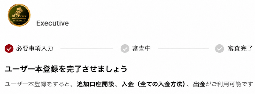 BigBossのマイページでユーザー本登録に進む画面