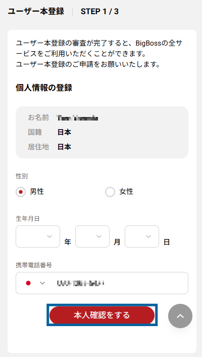 BigBossの本登録画面で必要事項を入力する画面